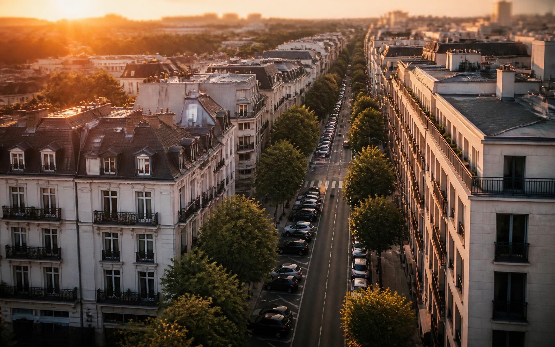 City street with parked cars at golden hour